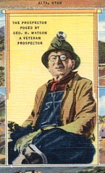 Featured is the center section of a Utah (US) mining-themed postcard.  We zeroed in on the veteran prospector.  The original postcard is for sale in The unltd.com Store.